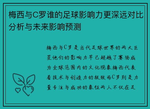 梅西与C罗谁的足球影响力更深远对比分析与未来影响预测